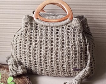 Bohemian Beige Crochet Jute Bag – Handmade Eco Friendly Summer Tote with Plastic Handles and Inner Canvas Bag