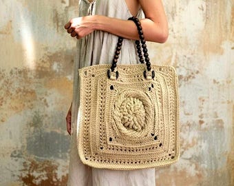 Jute crochet bag canvas tote bag market bag Beige basket bag natural jute tote bag wooden handle tote bag crochet jute tote bag