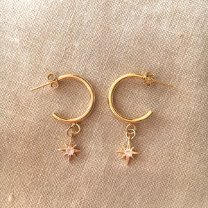 Dainty Gold Plated Hoop Earrings with Minimalist Star Pendants, Celestial Hoops, Gift Idea by Wild Ivy Jewellery