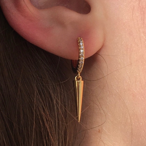 Gold Plated Small Spike Earrings with Cubic Zirconia Hug Hoops, Small Dainty Huggie Hoops, Small Charm Pendant Dangle Earrings, Gift Idea