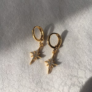 Star Hug Hoops with Cubic Zirconia, Dainty Dangle Celestial Earrings, Gold Plated Hoop Earrings, Gift Idea by Wild Ivy Jewellery