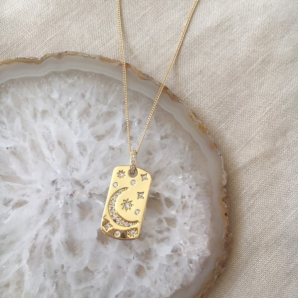 Dainty Starburst Celestial Gold Plated Pendant Necklace with Cubic Zirconia, Curb Chain Medallion Necklace, Gift Idea by Wild Ivy Jewellery