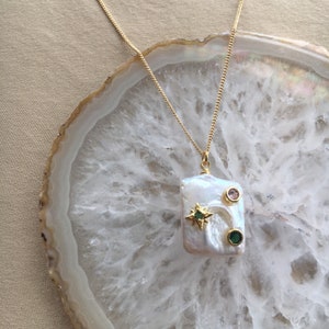Freshwater Rectangle Pearl Necklace with Cubic Zirconia Gems, Abstract Pendant Necklace, Gift Idea by Wild Ivy Jewellery