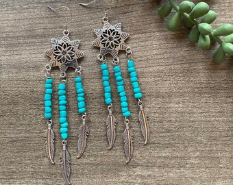 Turquoise Boho Chandelier Earrings, Seed Bead Earrings, Western/Boho/Cowgirl/Gypsy Earrings