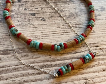 Conjunto de collar rojo y turquesa, conjunto de collar occidental, collares de turquesa en capas, collar minimalista