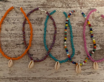 Cowrie Shell Beaded Anklet, Seed Bead Anklet, Shell Charm Ankle Bracelet, Seed Bead Ankle Bracelet