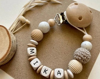 Schnullerkette | Schnullerkette mit Namen | personalisiert | Mädchen | Junge | Holz | weiß | TAUPE | braun | Geschenk | Geburt | Taufe