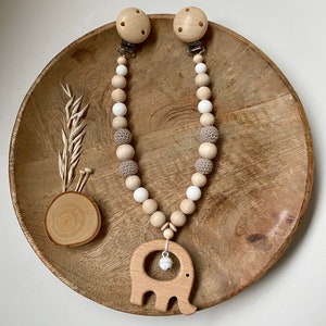 Stroller chain | Elephant | Wood | Natural | White | Silicone | taupe | beige | Wooden ring | Bell | Girl | Boy