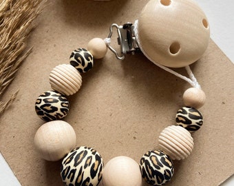 Pacifier chain | Leo | Leopard | Wood | Nature | Black | Beige | Brown | Gift | Birth | Leo look | with adapter