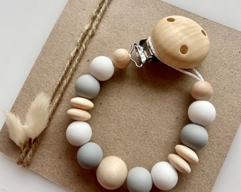 Pacifier chain | wood | nature | girl | boy | White | Gray | birth | Baptism | gift | with adapter