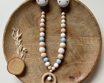 Stroller chain | Wood | Nature | White | Blue | Wooden ring | Bells | Young | Gift | Baby accessories | Birth |