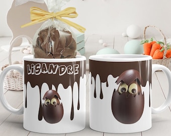 Personalized children's Easter mug garnished with artisanal chocolate, chocolate effect Easter decoration, Easter basket for boys and girls