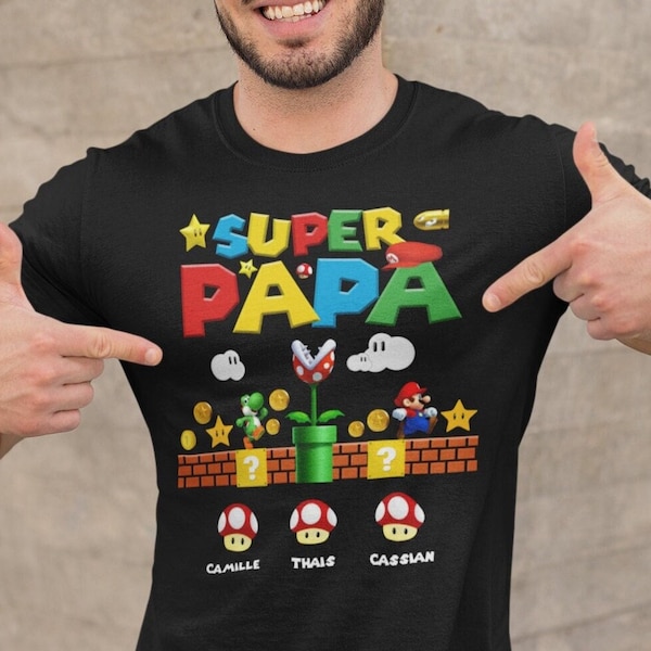 T-shirt personnalisé "Papa Mario" cadeaux papa, fête des papas, fête des pères, t-shirt cadeau personnalisé, idée cadeau noël