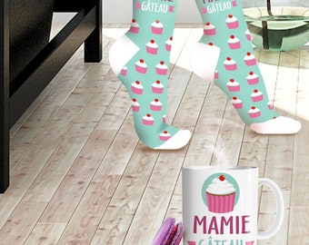 Coffret Mamie gâteau, Mug personnalisé avec chaussette, cadeau noël mamie, cadeau fête des grands-mères, cadeau anniversaire,