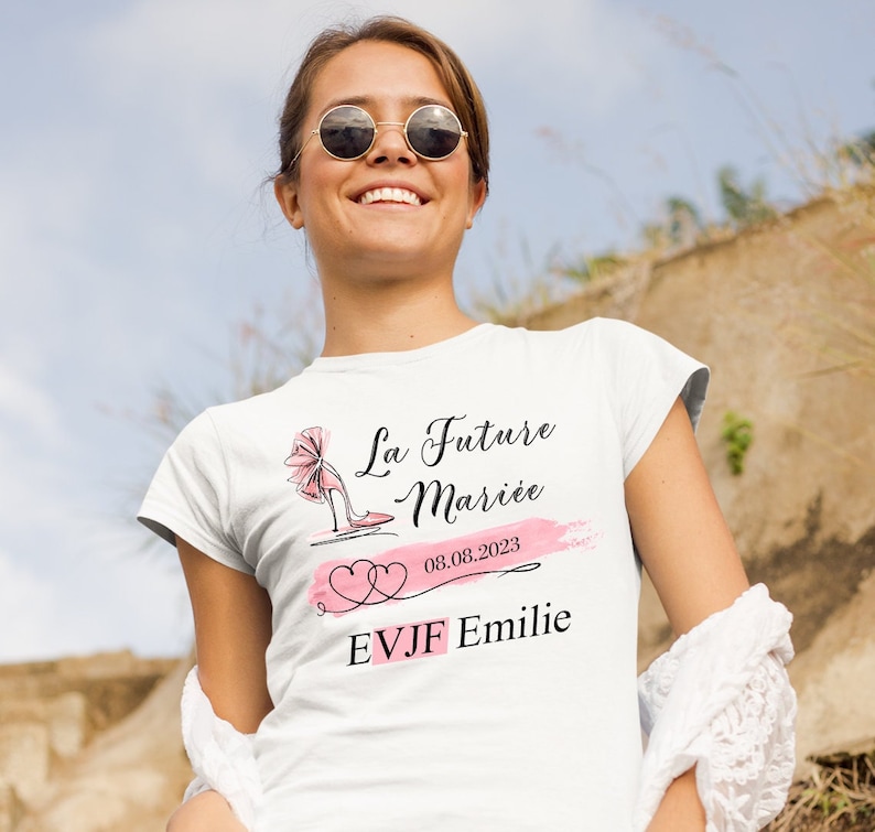 T-shirt EVJF avec prénom et date, team bride, Team de la mariée, t-shirt personnalisé, enterrement de vie de jeune fille, mariage. image 1