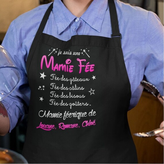 Tablier De Cuisine Noir 'Mamie D’amour' - Long, étanche, 2 Poches - Cadeau Fête Des Grands-mères