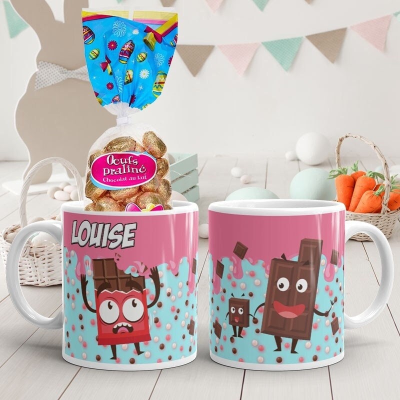 Mug de Pâques Incassable Personnalisé avec Prénom Décoration Effet Chocolat Coulis Fraise, Cadeau Pâ