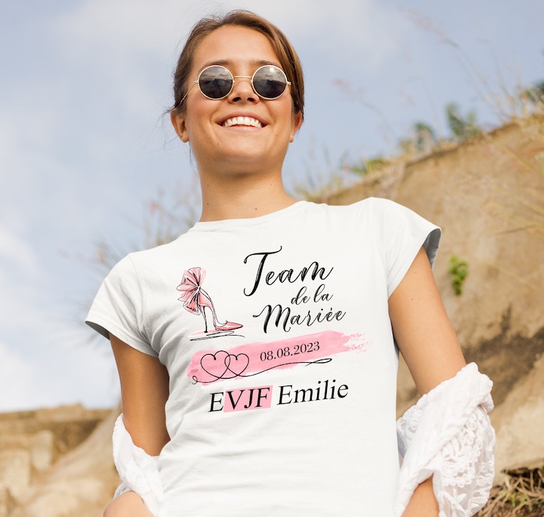 T-shirt EVJF avec prénom et date, team bride, Team de la mariée, t-shirt personnalisé, enterrement de vie de jeune fille, mariage. image 2