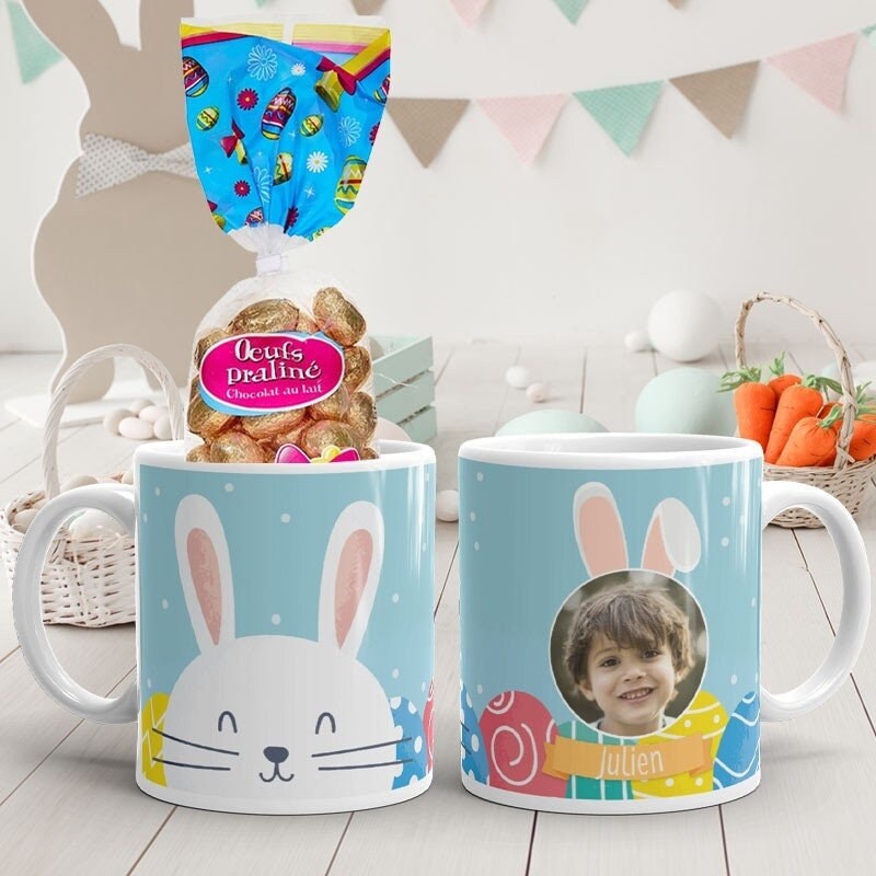 Mug de Pâques Personnalisé Lapin Oeuf Bleu