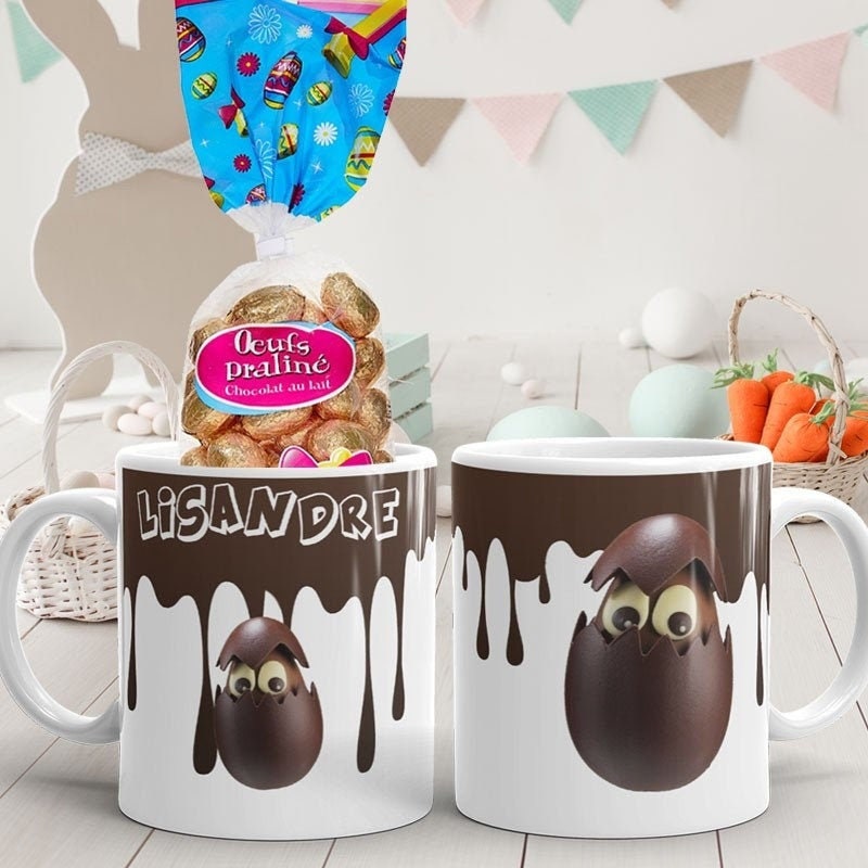 Mug de Pâques Incassable Personnalisé avec Prénom Décoration Effet Chocolat, Cadeau Pâques Enfant, A