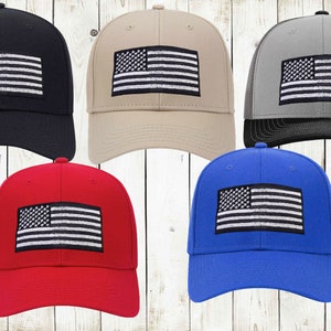 American Flag Hat, Embroidered, US Flag Hat, Patriotic Hat, USA Flag Embroidery, Baseball Cap, Black and White Flag, Adjustable, Adult hat