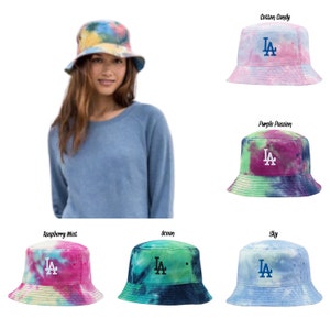 LA initials, tie dye, retro vibe, rainbow, bucket hat cap, summer, spring hat, adult, embroidered, sewn eyelets, 100% cotton, unisex