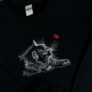 Black Cat Embroidery, Curious Cat with butterfly, Unisex, embroidered in USA, Gift, Winter, Crewneck Sweatshirt or HOODIE, Cat lovers