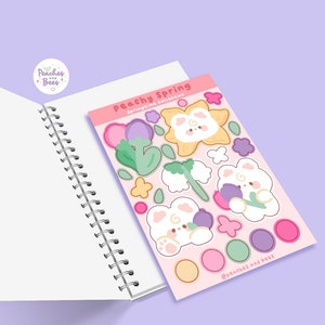 ピーチの春/かわいいコテージコアのかわいいクマのステッカー/スズランのイラスト、花柄のポルコデコステッカー、日記とジャーナリング