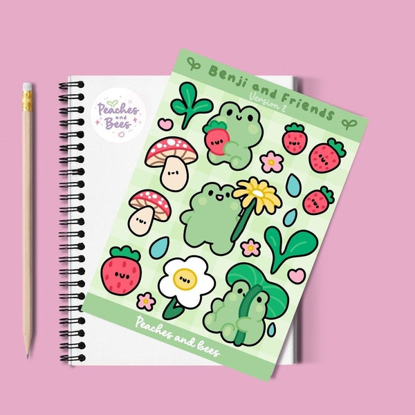 Strawberry Frog Sticker Sheet | Kawaii stickers | Kidcore Planner | Jounalling Vinyl Stickers | Froggy Pond Character | Floral Pastel