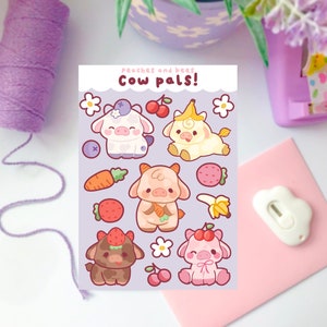 Hoja de pegatinas de amigos de vaca/pegatina de vaca de fruta Kawaii/pegatinas de diario y planificador de estilo Kawaii de núcleo suave de vaca de fresa linda, estética