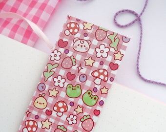 Cute bear and frog bookmark - pink gingham book lover gifts, digital illustration, stationery, bullet journal planner, books and journaling