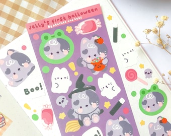 Feuille d'autocollants de chat d'Halloween - autocollant de chat mignon/autocollants d'automne/feuille d'autocollants kawaii/autocollants alimentaires/œuvres d'art coréennes