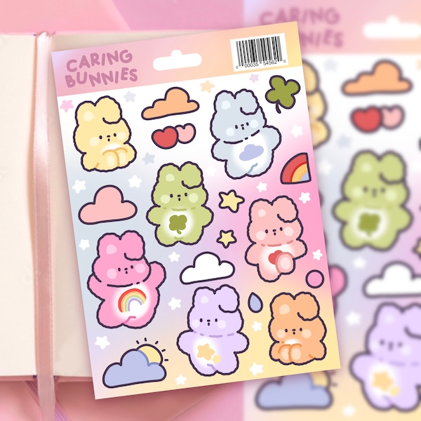 Rainbow Bunnies Sticker Sheet /Cute Colourful Rabbit Character/Kawaii Asian Art/Korean-Inspired/Water Bottle Sticker/Scrapbook Planner