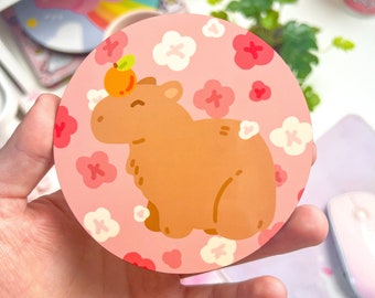 Capybara Drinks Coaster / Kawaii Animal Tableware / Cute Mug Mat / Esthétique Desk Decor / Pastel Pink Sakura Japan Coaster / Cozy Drink Gift