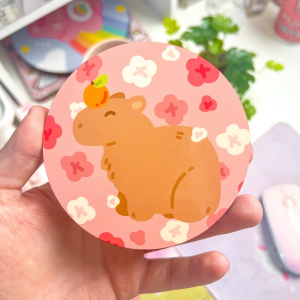 Capybara Drinks Coaster / Kawaii Animal Tableware / Cute Mug Mat / Aesthetic Desk Decor / Pastel Pink Sakura Japan Coaster / Cozy Drink Gift