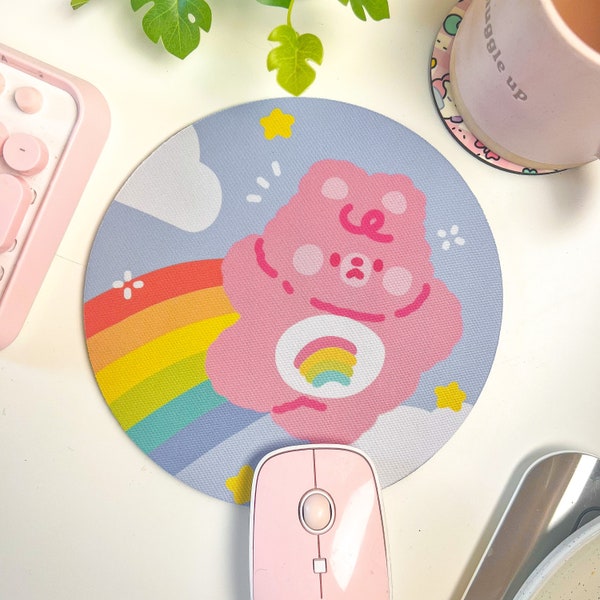 Rainbow Bear Mouse Mat / Tummy Care Desk Decor / Kawaii Pink Kidcore Aesthetic / Office Decoration / Pastel Cozy Gaming Table Keyboard Setup