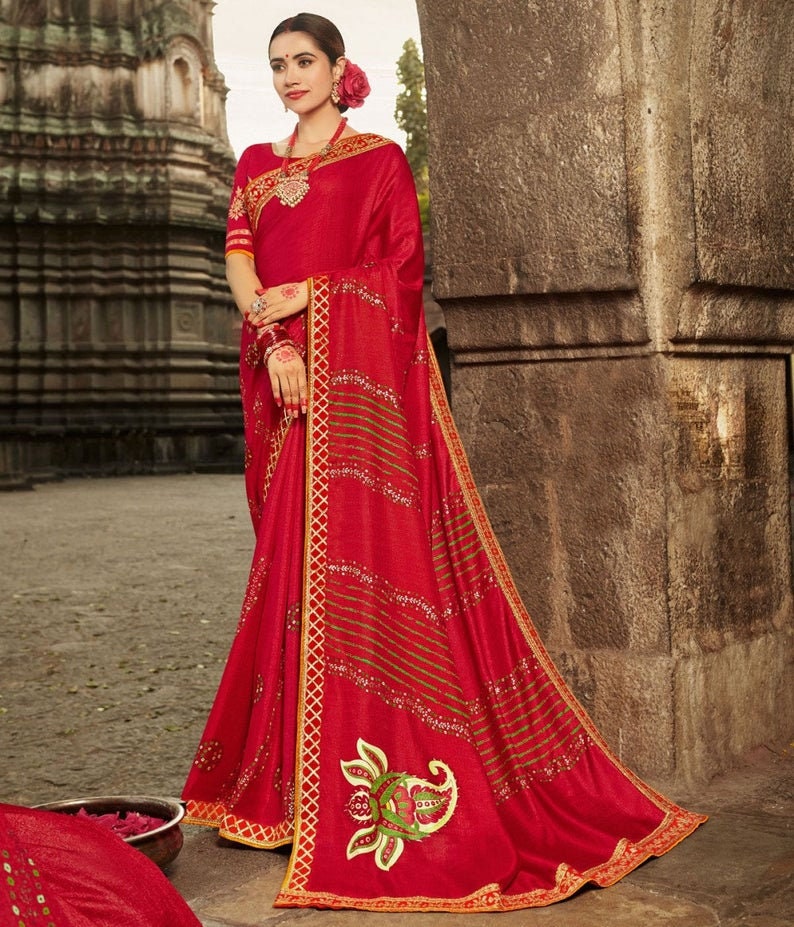 Red silk gota patti work saree Bandhej saree jaipuri sari saree bloue