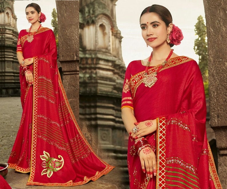 Red silk gota patti work saree Bandhej saree jaipuri sari saree bloue