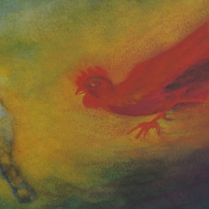 Könnte beinhalten: Ein Aquarellbild eines blauen Vogels und eines roten Hahns. Der Vogel befindet sich auf der linken Seite des Bildes, der Hahn auf der rechten. Der Hintergrund ist eine Mischung aus Grün, Gelb und Blau.