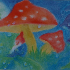 Postkarte Jahreszeitenkarte Kunstkarte Zwerg unter einem Pilz