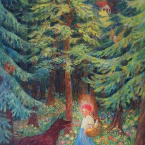 Postkarte Jahreszeitenkarte Kunstkarte Märchenkarte Rotkäppchen