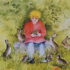 Postkarte Jahreszeitenkarte Kinderkarte Kunstkarte Hasen und Kind