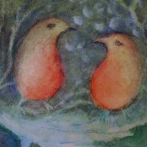 Postkarte Jahreszeitenkarte Kunstkarte Vögel im Gespräch