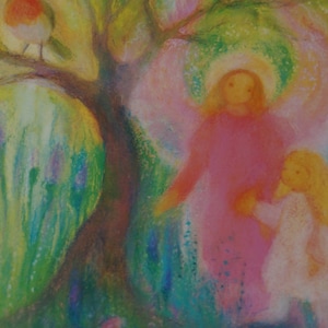 Postkarte Jahreszeitenkarte Schutzengel Engel Kunstkarte Rotkehlchen und Schutzengel