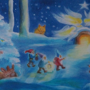 Postkarte Jahreszeitenkarte Kunstkarte Weihnachten mit den Zwergen