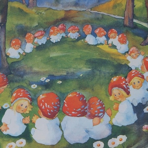 Könnte beinhalten: Aquarellillustration von Kindern in weißen Outfits und roten Pilzkappen in einer Waldlandschaft. Die Kinder sind in einem Kreis versammelt, umgeben von Bäumen und Blumen, was eine skurrile Szene ergibt.