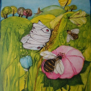 Postkarte Jahreszeitenkarte Kunstkarte Eva-Maris Ott-Heidmann Biene Blüte Schmetterling