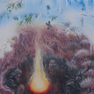 Postkarte Jahreszeitenkarte Winterfeuer