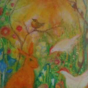 Postkarte Jahreszeitenkarte Kunstkarte Ostern Frühlingsfreude Hase Hasenglück