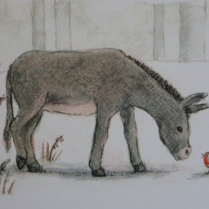 Postkarte Jahreszeitenkarte Kunstkarte Winter Esel und Rotkehlchen